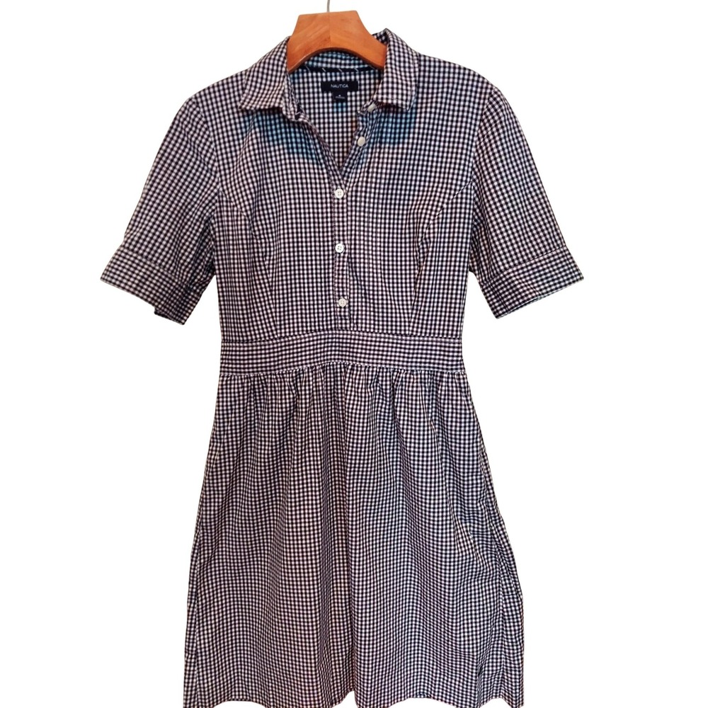 Nautica Womens Navy Coastal Gingham Plaid Short Sleeve Button Front Dress 6